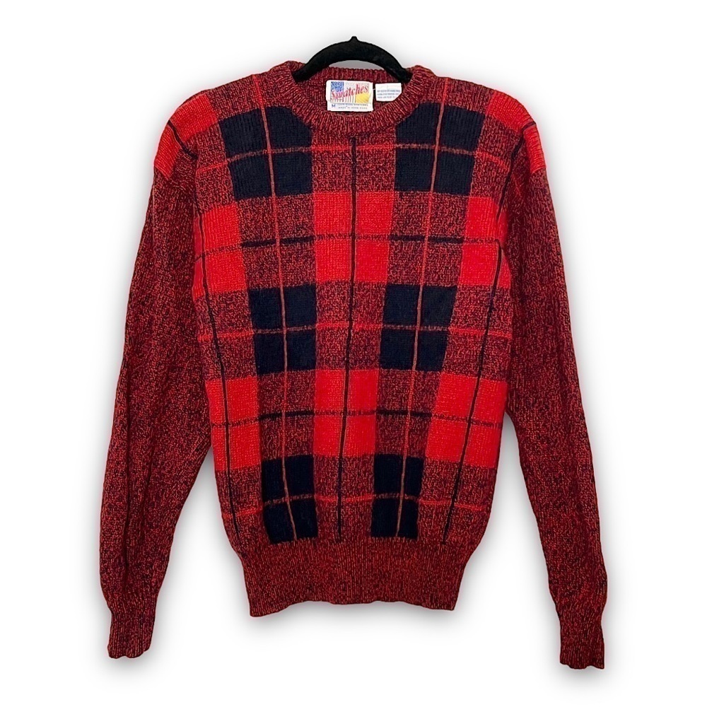 VINTAGE 100% Shetland Wool Buffalo Plaid‎ Check Outdoor Winter Hiking Sweater M